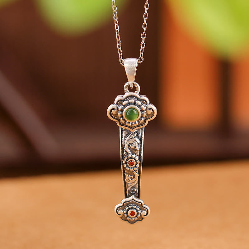 Buddha Stones 925 Sterling Silver Red Agate Cyan Jade Auspicious Clouds Ruyi Handle Blessing Necklace Pendant Necklaces & Pendants BS 8
