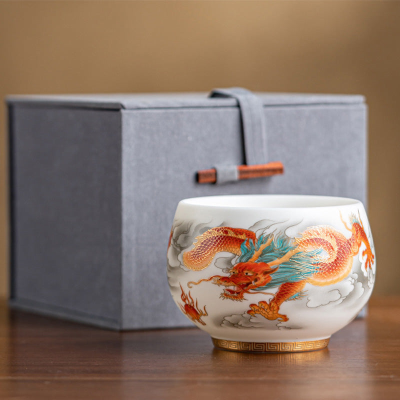 Buddha Stones Dragon Phoenix Auspicious Clouds Ceramic Teacup Kung Fu Tea Cup With Gift Box Cup BS Red Dragon 7.8cm*6cm*175ml(Gift Box)