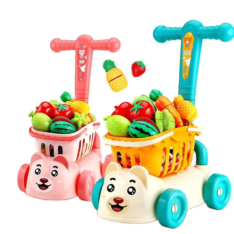 Fidtoy Kids Grocery Shopping Cart Toy Set with Fruits and Vegetables – Pretend Play Kitchen Market Role Play Toy for Toddlers Age 3+