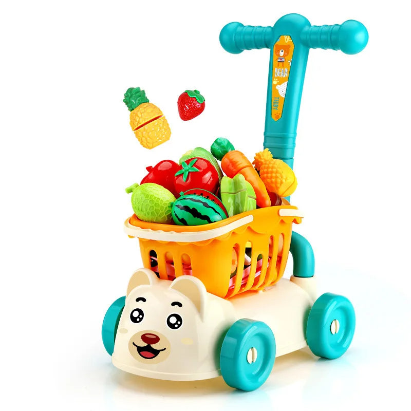 Fidtoy Kids Grocery Shopping Cart Toy Set with Fruits and Vegetables – Pretend Play Kitchen Market Role Play Toy for Toddlers Age 3+