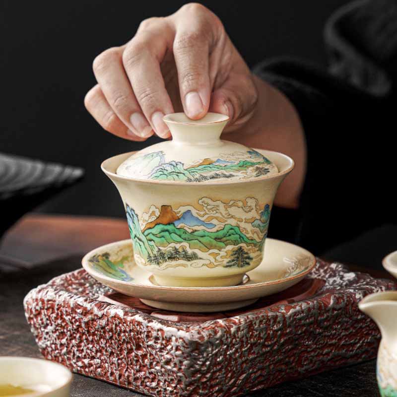 Buddha Stones A Panorama of Rivers and Mountains Flowers Ceramic Gaiwan Sancai Teacup Kung Fu Tea Cup And Saucer With Lid Cup BS 3