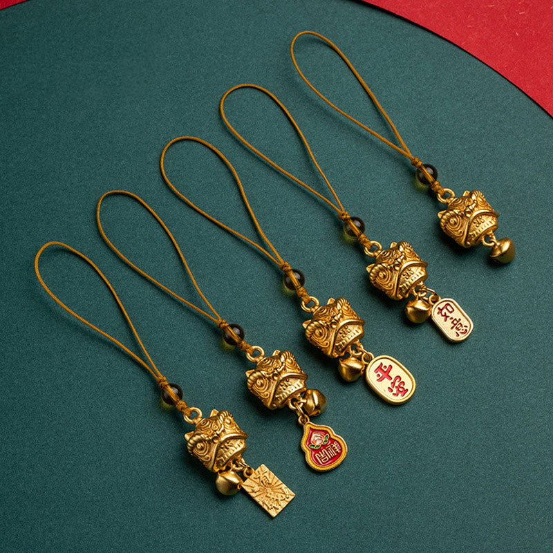 Buddha Stones Dancing Lion Auspicious Ruyi Safe Peace Rich Copper Wealth Phone Hanging Decoration Phone Hanging Decoration BS 1