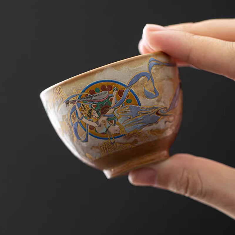 Buddha Stones Dunhuang Flying Apsaras Ceramic Gaiwan Sancai Teacup Kung Fu Tea Cup With Lid Cup BS 12
