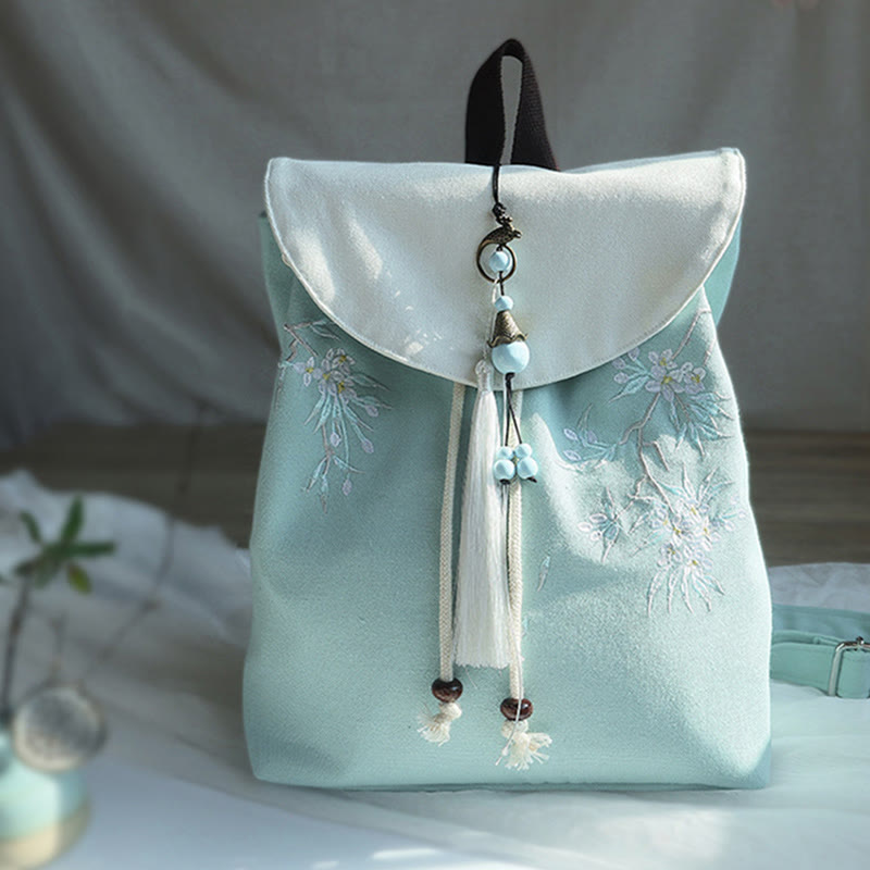 Buddha Stones Handmade Embroidered Large Capacity Canvas Backpack Backpack BS Pear Blossom