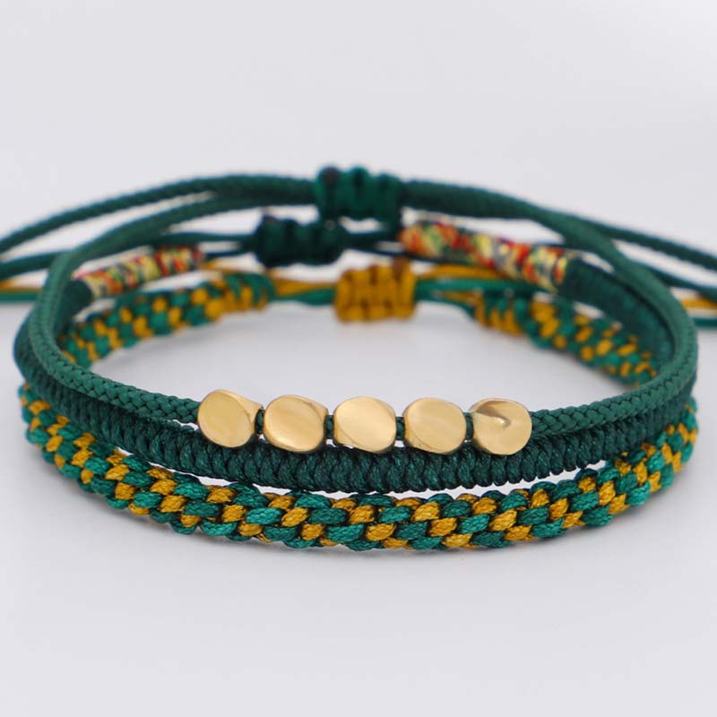 Buddha Stones 3 PCS Tibetan Copper Beads Healing Protection Luck Bracelet Set Bracelet BS 2