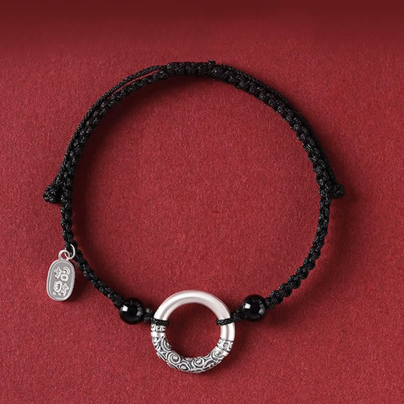 Buddha Stones 925 Sterling Silver Black Onyx Peace Buckle Fu Character Charm Bracelet Bracelet BS Peace Buckle&Agate Attract Fortune Charm(Wrist Circumference 14-26cm)