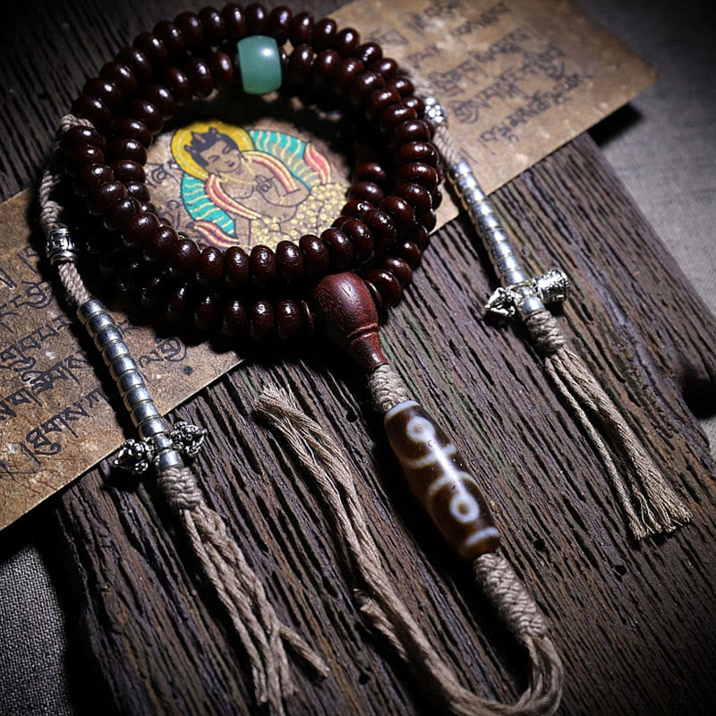 Buddha Stones Natural Tibet 108 Mala Beads Purple Bodhi Seed Three-eyed Dzi Bead Copper Dorje Harmony Bracelet Mala Bracelet BS 2