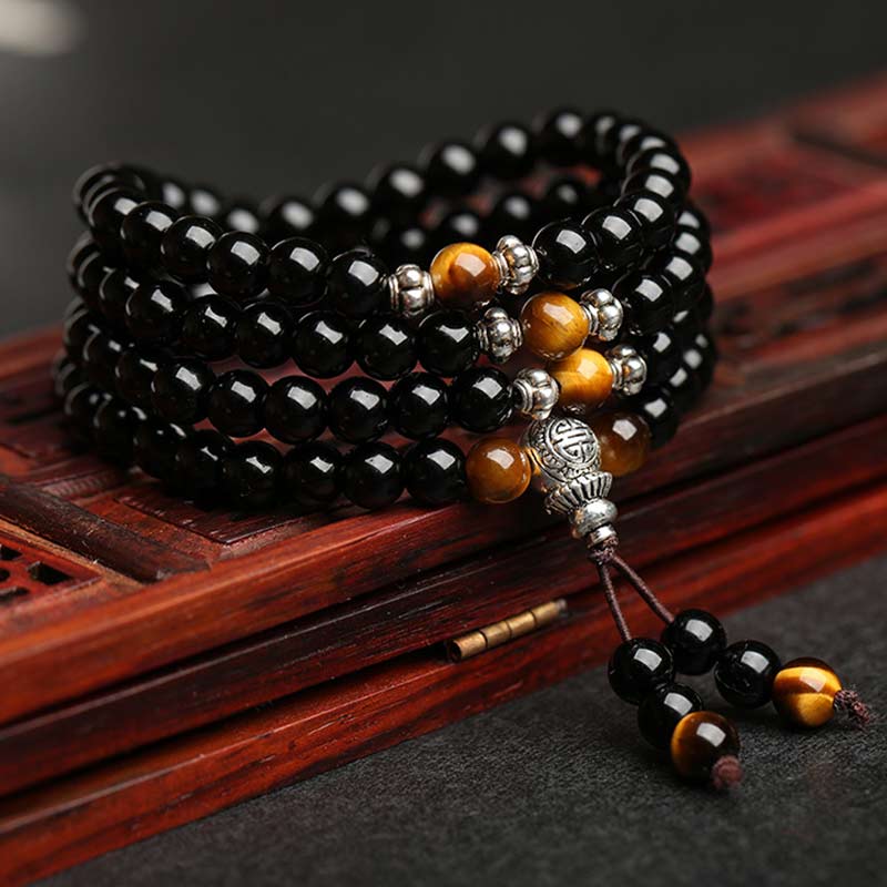 Buddha Stones Black Obsidian Tiger Eye Blessing Mala Bracelet Mala Bracelet BS Black Obsidian 6mm*120(Men)