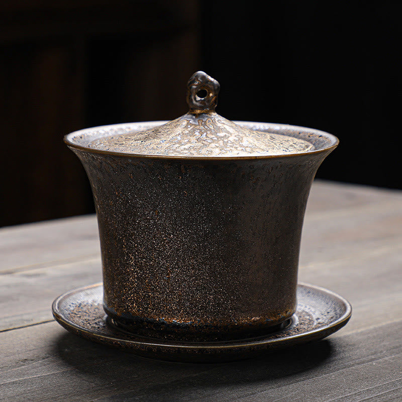 Buddha Stones Retro Rust Glaze Ceramic Gaiwan Sancai Teacup Kung Fu Tea Cup And Saucer With Lid Cup BS 11.2*10.2cm*230ml