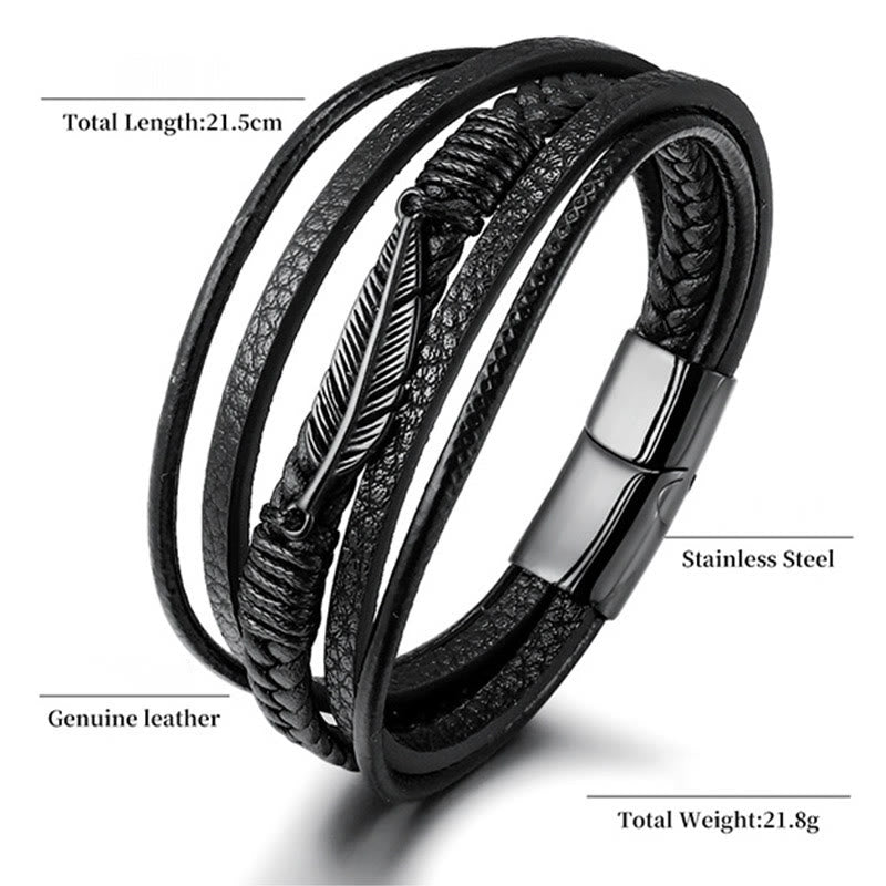 Buddha Stones Feather Pattern Multilayer Leather Titanium Steel Calm Braided Magnetic Buckle Bracelet Bracelet BS 10