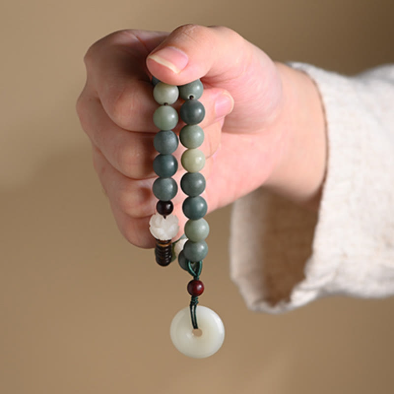 Buddha Stones Cyan Bodhi Seed Lotus Jade Peace Buckle Wisdom Double Wrap Bracelet Mala Bracelet BS 11
