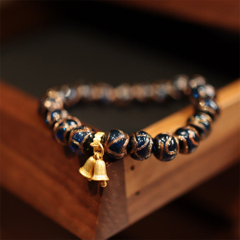 Buddha Stones Tibetan Gold Swallowing Beast Family Five God Of Wealth Thangka Fortune Bead Bracelet Bracelet BS Blue Double Bells