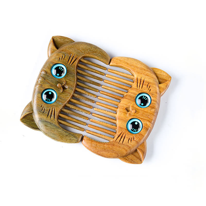 Buddha Stones Simple Cat Pattern Green Sandalwood Cure Portable Comb Comb BS 8