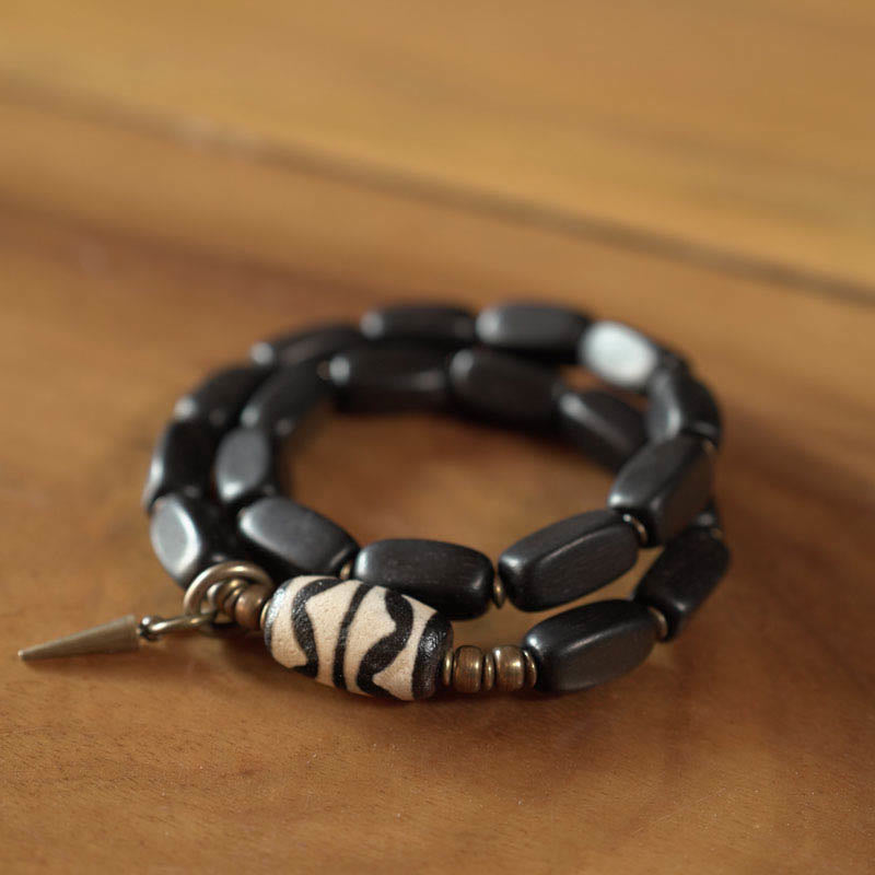 Buddha Stones Tibet Ebony Wood Dzi Bead Copper Balance Double Wrap Bracelet Bracelet BS 10