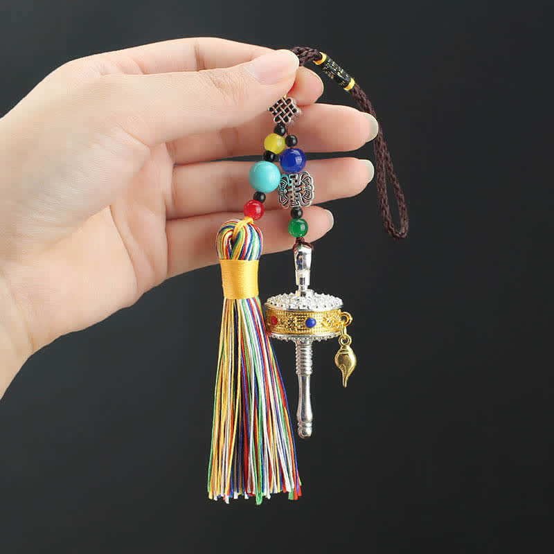 Buddha Stones Tibet Om Mani Padme Hum Prayer Wheel Tassel Bag Car Hanging Decoration Car Hanging Decoration BS 10