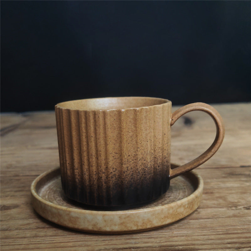 Buddha Stones Retro Striped Kiln Change Ceramic Coffee Mug Rough Pottery Tea Coffee Cup With Saucer 250ml Coffee Mug BS Antique Yellow 12cm*8.5cm*7cm*250ml