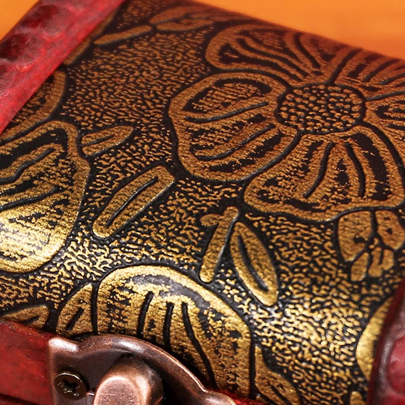 Buddha Stones Retro Small Wood Jewelry Box Lotus Golden Grape Copper Coin Daffodil Grass Flower Jewelry Storage Box Jewelry Box BS 3