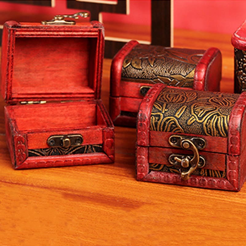 Buddha Stones Retro Small Wood Jewelry Box Lotus Golden Grape Copper Coin Daffodil Grass Flower Jewelry Storage Box Jewelry Box BS 5