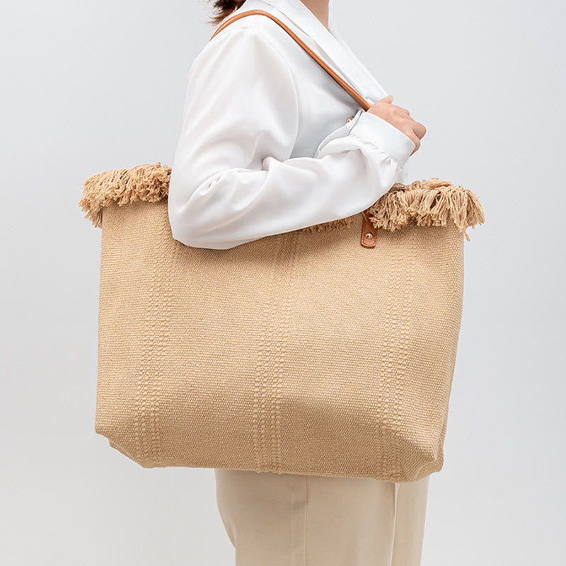 Buddha Stones Large Capacity Solid Color Tassel Canvas Tote Shoulder Bag Shoulder Bag BS 5