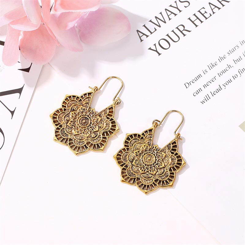 Buddha Stones Tibetan Lotus Engraving Copper Blessing Drop Earrings Earrings BS 3