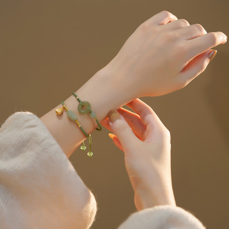 Buddha Stones Lotus Jade Peace Buckle Bead Luck Happiness Charm String Bracelet Bracelet BS 6