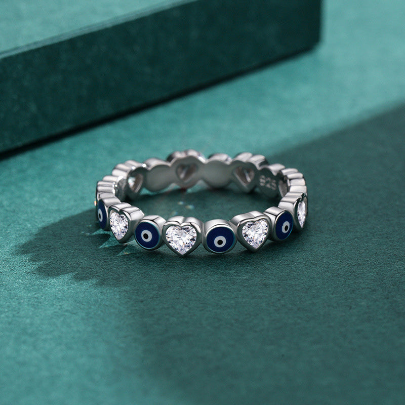 Buddha Stones 925 Sterling Silver Evil Eye Love Heart Zircon Blessing Ring Ring BS 3