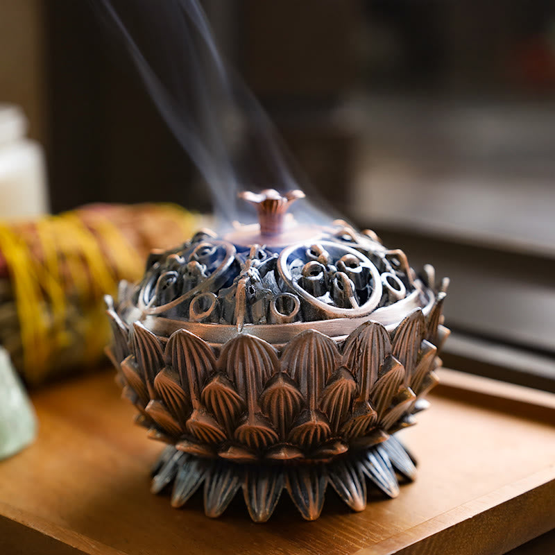 Buddha Stones Tibetan Lotus Shaped Purify Incense Burner Incense Burner BS Red Bronze