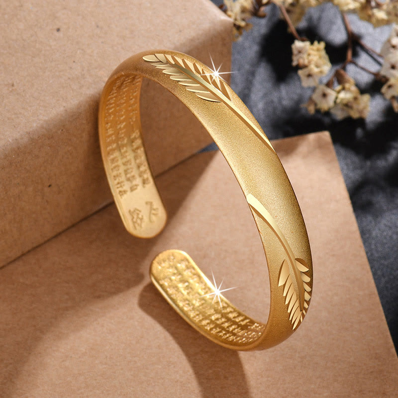 Buddha Stones Feather Heart Sutra Engraved Pattern Wealth Copper Cuff Bracelet Bangle Bracelet Bangle BS 1