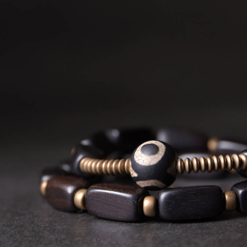 Buddha Stones Tibet Ebony Wood Dzi Bead Copper Balance Double Wrap Bracelet Bracelet BS 1