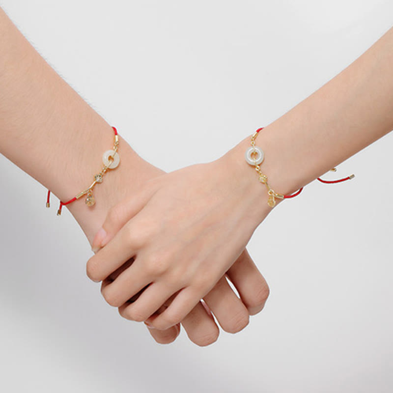 Buddha Stones 18K Gold Plated Hetian Jade Peace Buckle Fu Character Luck Red Rope Bracelet Bracelet BS 11