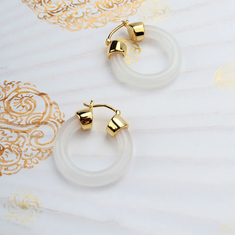 Buddha Stones Round Jade White Jade Prosperity Earrings Earrings BS Gold