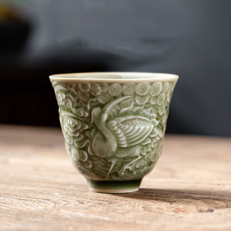 Buddha Stones Crane Pine Ceramic Teacup Kung Fu Tea Cup 80ml Cup BS LightYellow 7cm*6.3cm*80ml