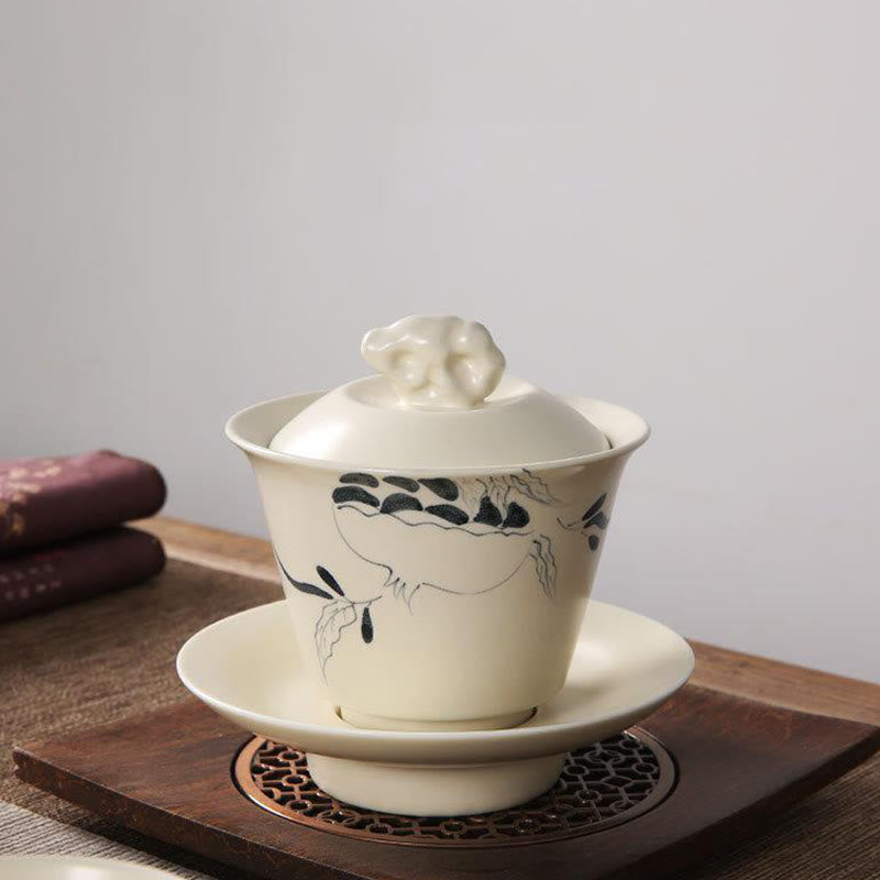 Buddha Stones Hand Painted Pomegranate Hibiscus Pine Lotus Ceramic Gaiwan Sancai Teacup Kung Fu Tea Cup And Saucer With Lid Cup BS 10