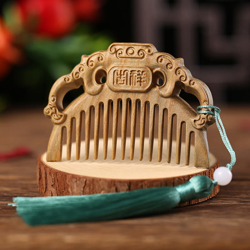 Buddha Stones Green Sandalwood Fox Peony Flower Lotus Engraved Cure Tassel Comb Comb BS Auspicious Green Sandalwood