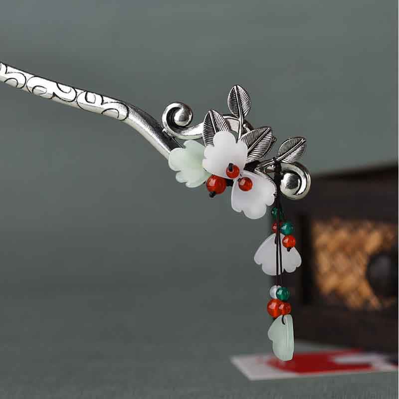 Buddha Stones Red Agate Flower Leaf Calm Confidence Tassel Hairpin Hairpin BS 4