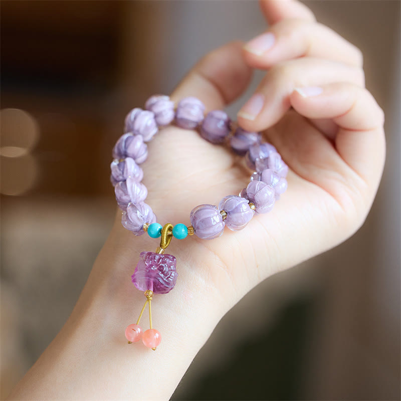 Buddha Stones Liuli Glass Bead Lotus Design Fluorite Ivory Fruit Dancing Lion Charm Enlightenment Bracelet Bracelet BS 3