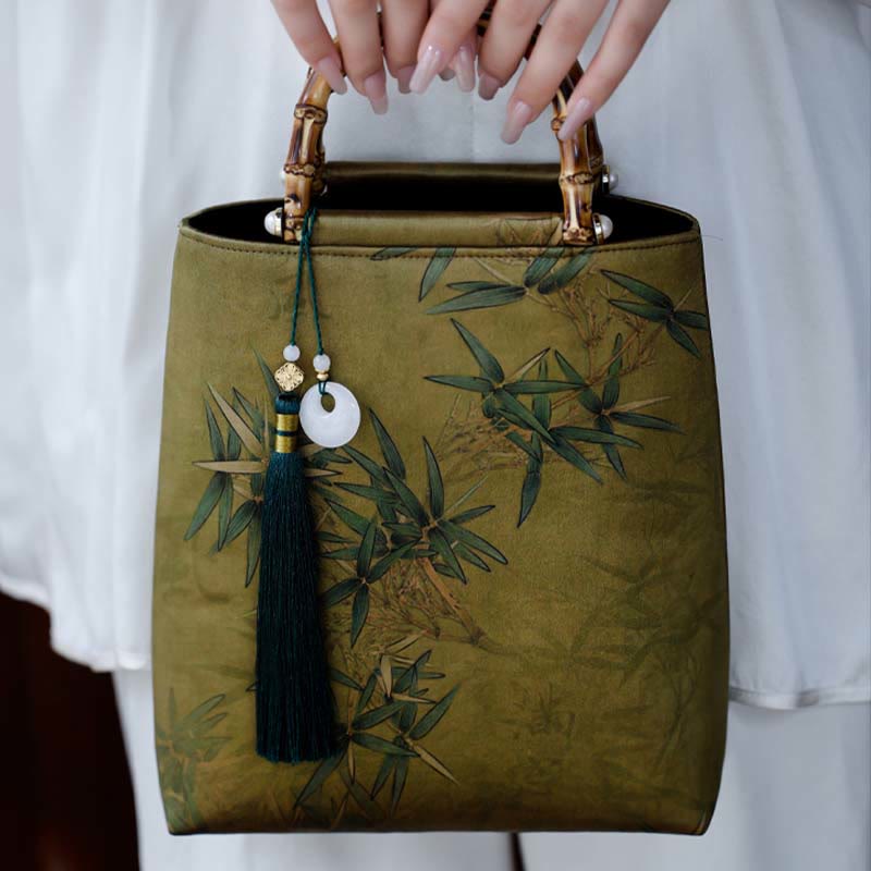 Buddha Stones Yellow Green Bamboo Leaves Bamboo Handles Handbag Handbags BS 10