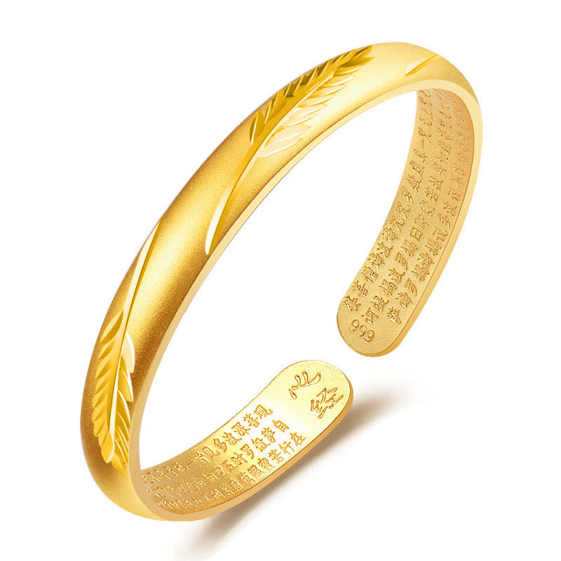Buddha Stones Feather Heart Sutra Engraved Pattern Wealth Copper Cuff Bracelet Bangle Bracelet Bangle BS 4