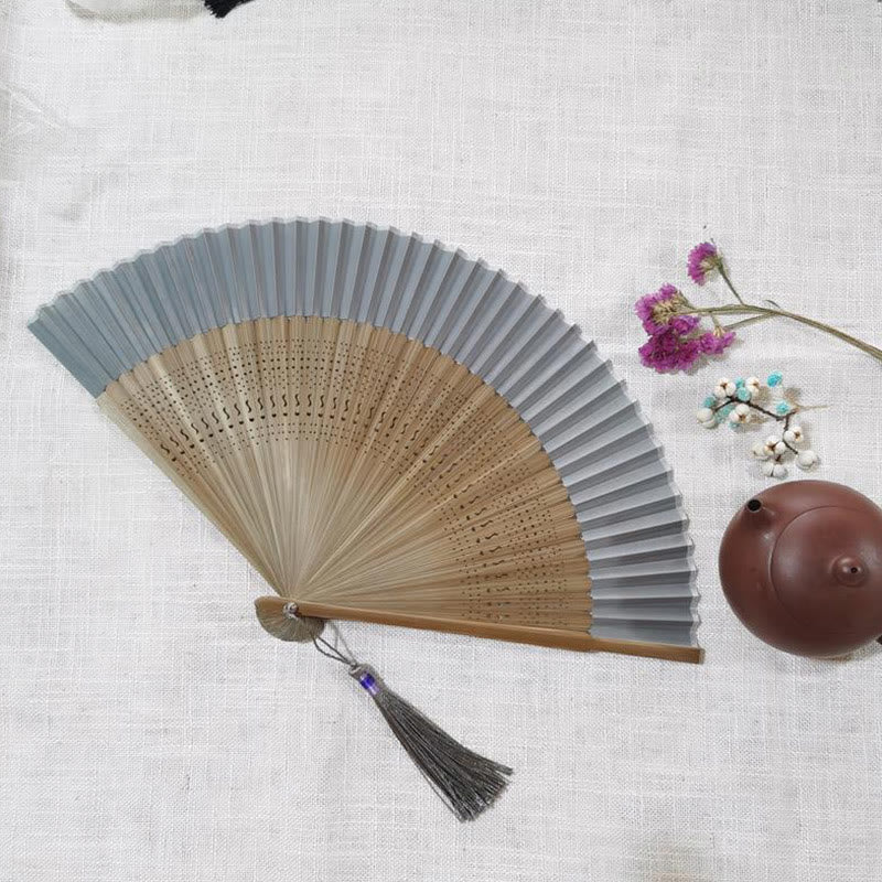 Buddha Stones Simple Hollow Engraved Handheld Bamboo Folding Fan Folding Fan BS Gray 22cm