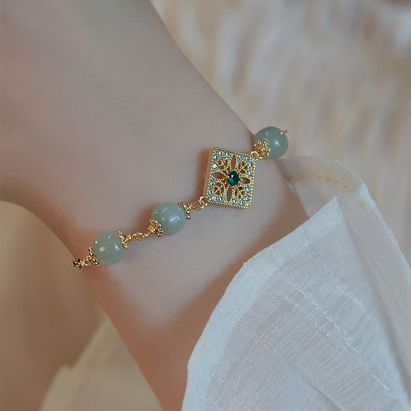 Buddha Stones Natural Hetian Jade Bead Square Pattern Luck Chain Bracelet Bracelet BS 8