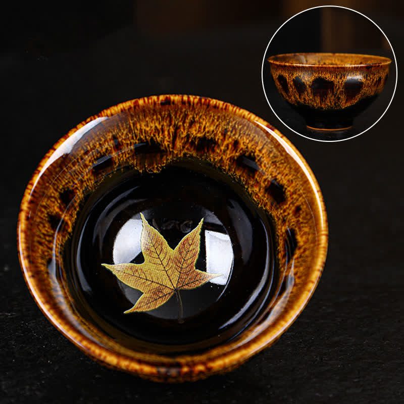 Buddha Stones Maple Leaf Colorful Ceramic Teacup Home Tea Cups Cup BS 8cm*4.5cm*90ml Yellow