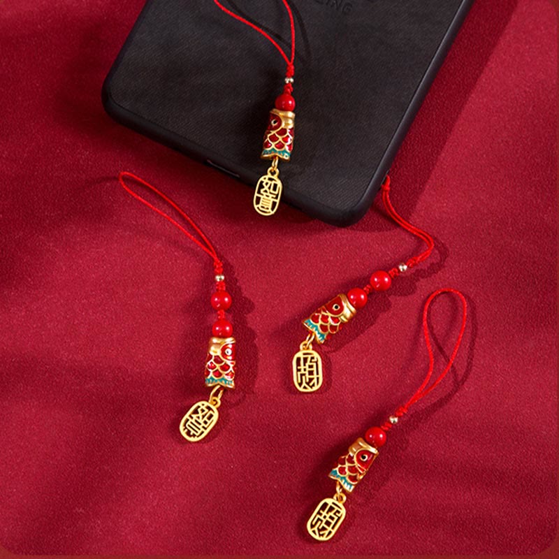Buddha Stones Koi Fish Cinnabar Attracting Wealth Wish Ruyi Charm Luck Phone Hanging Decoration Phone Hanging Decoration BS 27