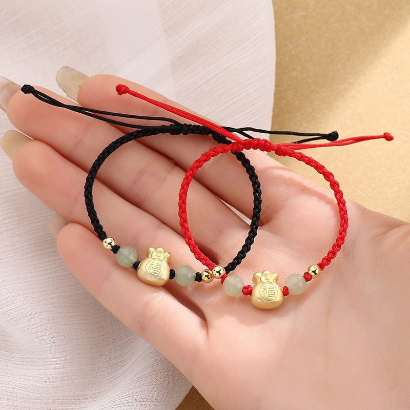 Buddha Stones Lucky Money Bag Fu Character Jade Bead Luck Braided Bracelet Bracelet BS 2