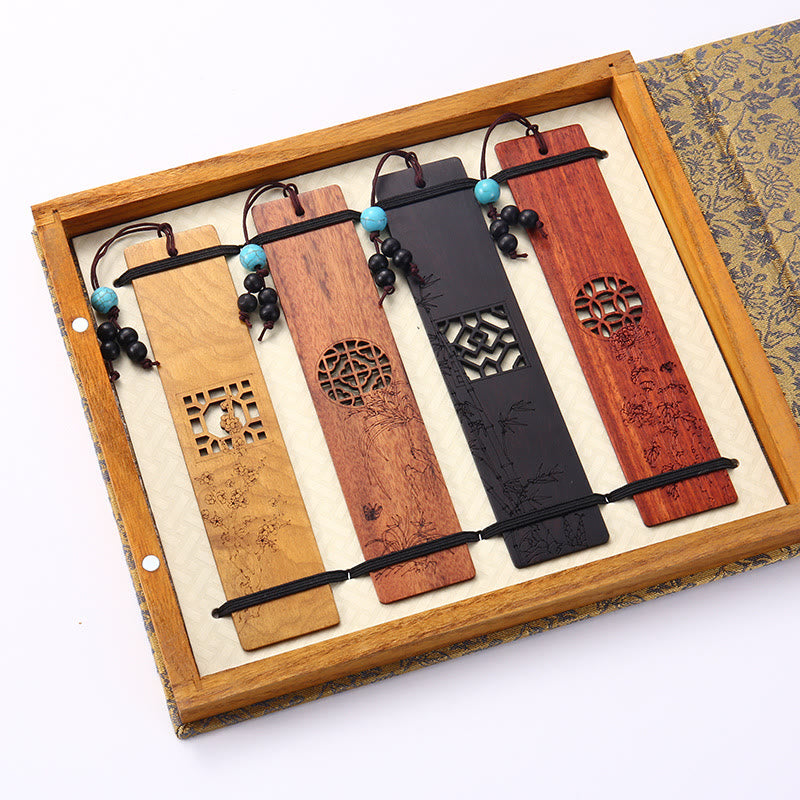 Buddha Stones 4Pcs Four Seasons Plum Orchid Bamboo Chrysanthemum Peking Opera Mask Wood Bookmarks With Gift Box Bookmarks BS 4Pcs Plum Orchid Bamboo Chrysanthemum Window
