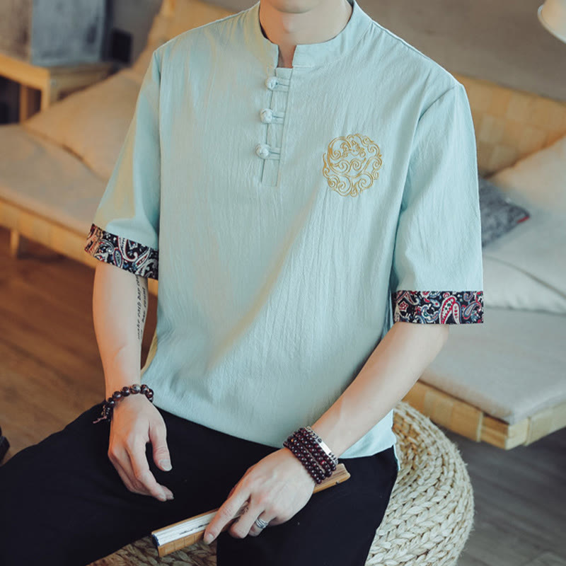 Buddha Stones Frog-Button Dragon Embroidery Chinese Tang Suit Short Sleeve Shirt Linen Men Clothing Men's Shirts BS 17