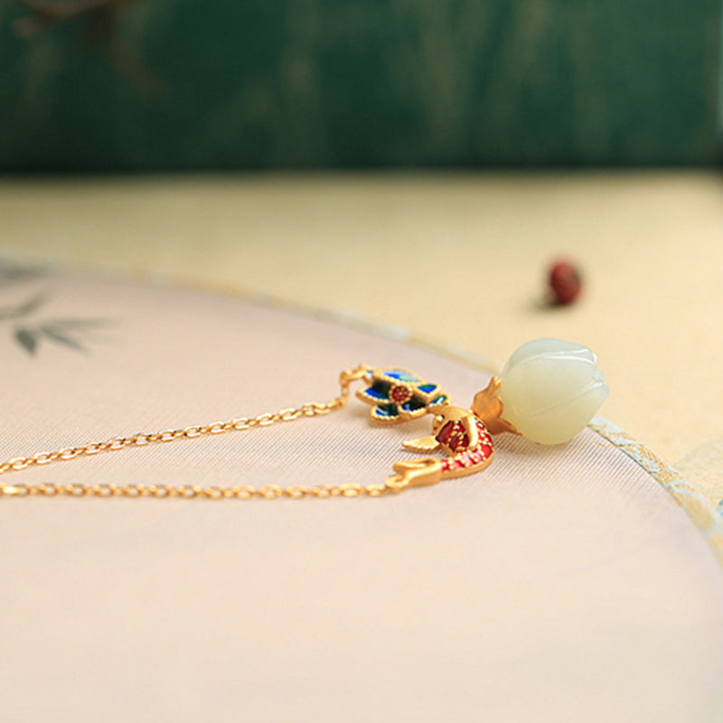 Buddha Stones 925 Sterling Silver White Jade Koi Fish Lotus Protection Necklace Pendant Necklaces & Pendants BS 7