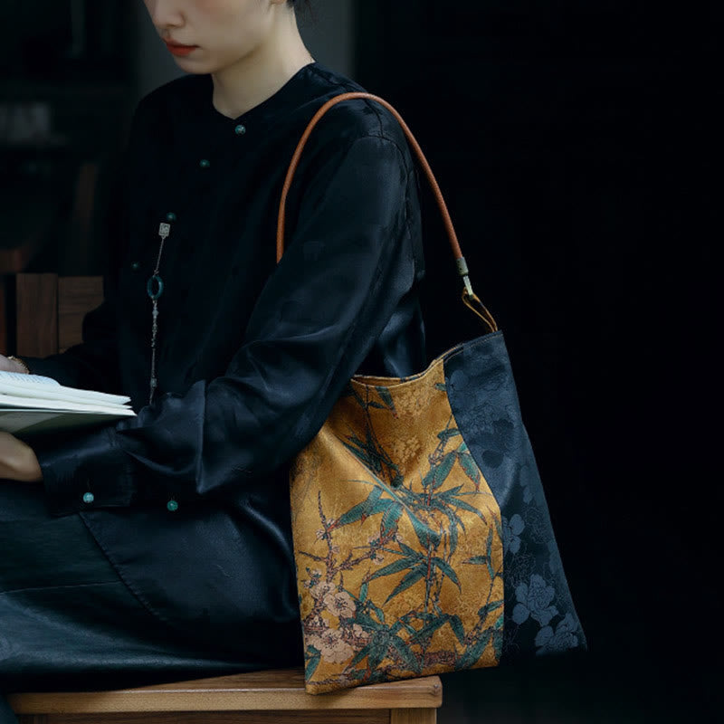 Buddha Stones Bamboo Leaves Flower Butterfly Persimmon Shoulder Bag Handbag Shoulder Bag BS Yellow Flower Bamboo Leaves 33*33cm