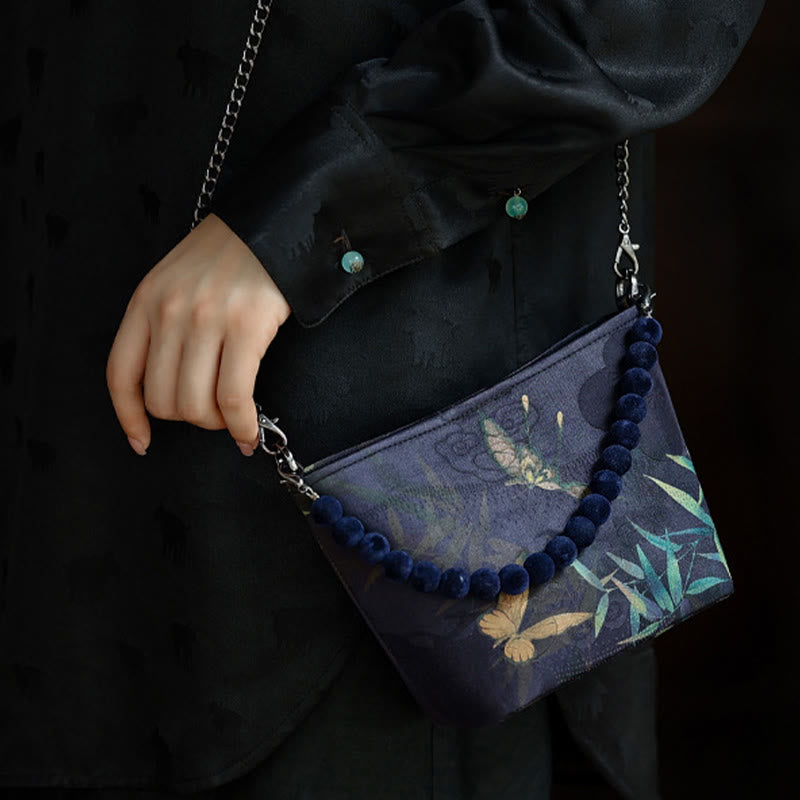 Buddha Stones Small Bamboo Leaves Butterfly Peony Flowers Magpie Metal Chain Crossbody Bag Shoulder Bag Handbag Handbags BS 4