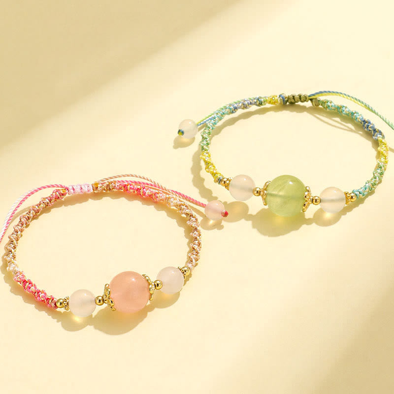 Buddha Stones Strawberry Quartz Pink Crystal Prehnite White Agate Bead Healing Rope Bracelet 16
