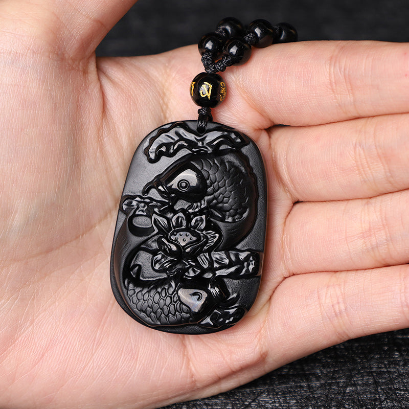 Buddha Stones Natural Black Obsidian Koi Fish Lotus Strength Beaded Necklace Pendant Necklaces & Pendants BS 7